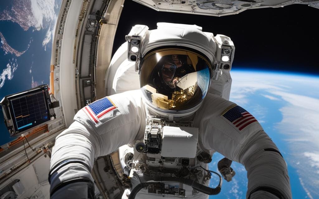 Astronaut connecting medical device in space Astronaut connecting medical device in space